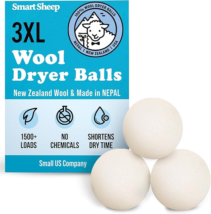 Wool Dryer Balls - Smart Sheep 3-Pack - XL Premium Natural Fabric Softener Award-Winning - Wool Balls Replaces Dryer Sheets - Laundry Balls