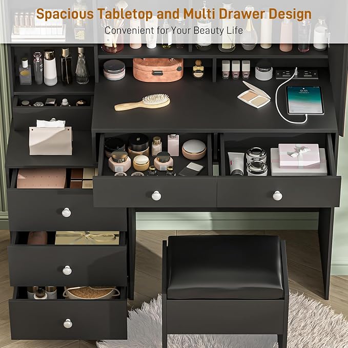 Vabches Makeup Vanity with LED Lights Mirror and Charging Station, Vanity Desk with Multiple Shelves and Drawers, Makeup Desk with Stool, Dressing Desk with 3 LED Light Models for Bedroom, Black
