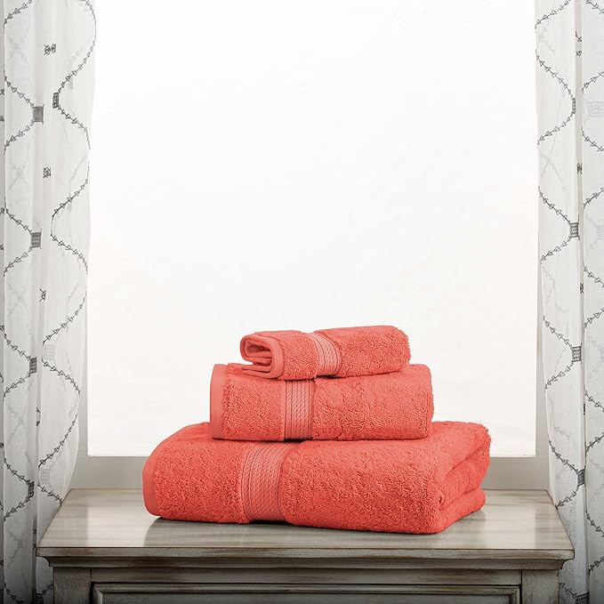 Superior Egyptian Cotton Pile 3 Piece Towel Set, Includes 1 Bath, 1 Hand, 1 Face Towel/Washcloth, Ultra Soft Luxury Towels, Thick Plush Essentials, Guest Bath, Spa, Hotel Bathroom, Coral