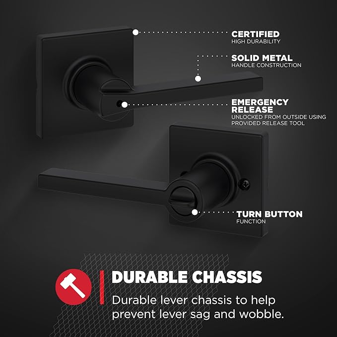 Kwikset Casey Interior Privacy Door Handle with Lock, Door Lever for Bathroom and Bedroom, Matte Black Reversible Keyless Turn Lock, with Microban Protection (Pack of 2)