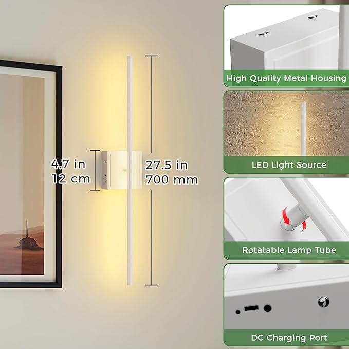DORESshop Battery Operated Wall Sconces Set of Two with Remote Control, Rechargeable Wall Sconce, 350°Rotate Dimmable Wireless Wall Sconce for Living Room, Hallway, Bedroom, 28.1 Inch, White(2 Pack)