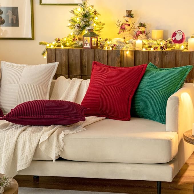 MIULEE Decorative Lumbar Throw Pillow Covers for Couch Bed Livingroom 12x20 Inch Set of 2 White Boho Accent Throw Pllows Broadside Striped Patchwork Soft Corduroy Pillowcases