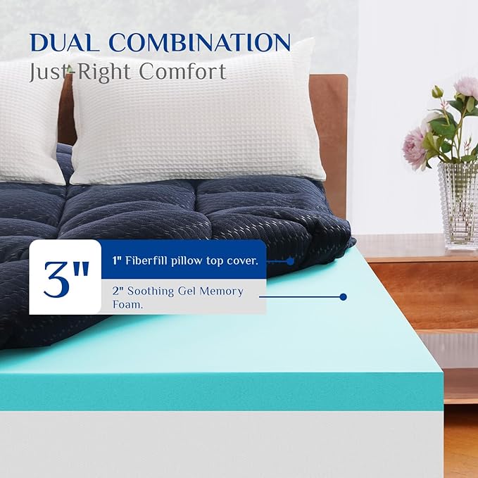 Dual Layer 3 Inch Memory Foam Mattress Topper King Size, 2 Inch Gel Memory Foam Plus 1 Inch Cooling Pillow Top Mattress Pad Cover, with 8-21 Inch Deep Pocket, Navy Blue