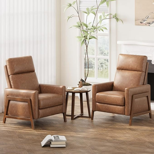 COLAMY Push Back Recliner Chair Set of 2, Upholstered Leather Recliner with Footrest 105-135 Degree Adjustable, Comfy Modern Wingback Recliner for Living Room, Bedroom,Small Spaces, Cocoa