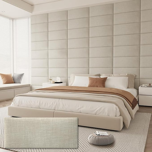 Upholstered Headboard for King Size Bed, Wall Mounted & Peel and Stick Headboard, Soundproof DIY Wall Panels, Fabric Tufted Head board in Modern Design for Bedroom (12 Panels, Each 23.62"x9.84"）