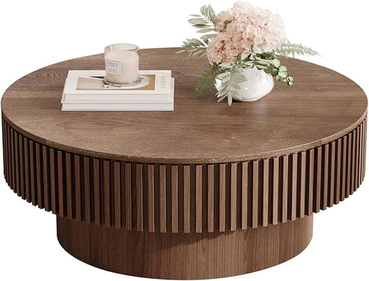 Round Coffee Table for Living Room, Accent Fluted Drum Coffee Table with Storage, Modern Solid Wood Veneered Circle Center Tea Table for Small Space Apartment (31.5''D×14''H-Walnut)