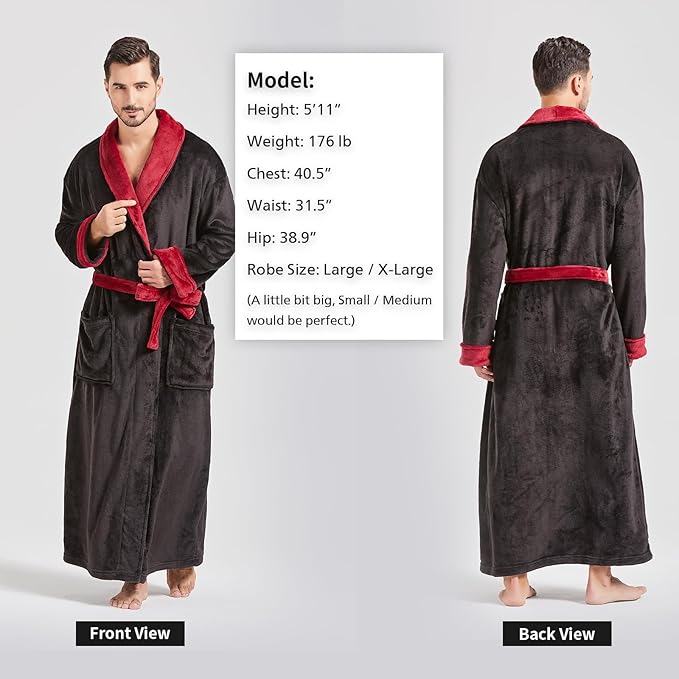 FashGudim Mens Robes Big and Tall Full Length Plush Fleece Long Robe for Men Bathrobe Shawl Collar Warm Winter House Robes