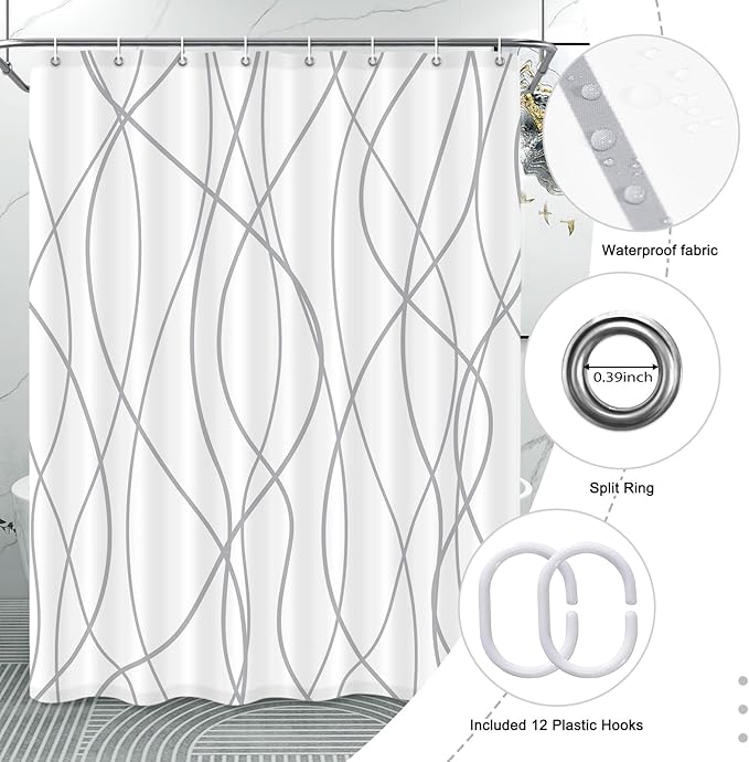 Punkray Grey and White Striped Polyester Shower Curtain for Bathroom with 8 Hooks, Weighted Hem, Waterproof Bath Accessories Hotel Style, 54 x 72