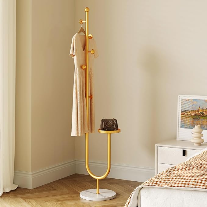 Coat Rack,Metal Free Standing Coat Stand with marble base, Hall Coat Tree with 6 Hooks and Storage Tray,68.9 Inch Tall, for Coats, Hats, Bags, for Entryway, Hallway, Bedroom (gold)