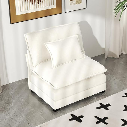 Real Relax 34.9'' Modular Sectional Sofa, Single Seat Without Armrest Chenille Convertible Couch with 2 Pillows for Living Room, Office and Leisure Places, Beige