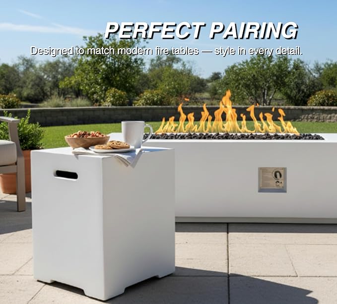 HillAethel 60-Inch Outdoor Gas Propane Fire Pit Table with Propane Tank Cover,Set-2-Piece,60,000 BTU Concrete Fire Pit with Free Rain Cover, Tank Seat, Lava Rocks, for Outside Patio Backyard,White