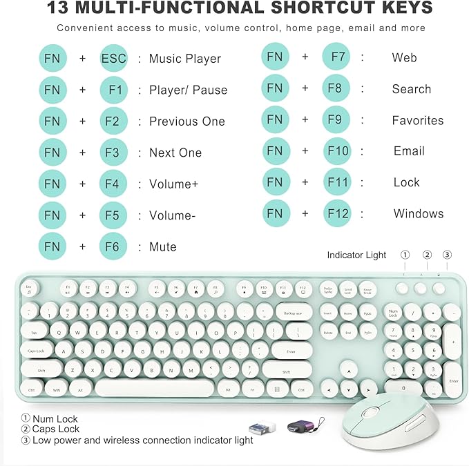 Wireless Keyboard and Mouse Combo, Ergonomic Full Size Typewriter Retro Round Keycaps Keyboard, Compatible with Windows, PC, Perfer for Home and Office Keyboards（Green）