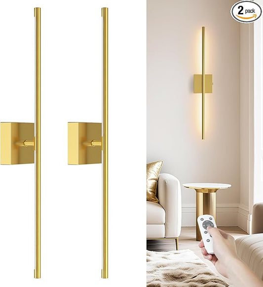 VOLISUN Battery Operated Wall Sconce Set of Two, Gold Rechargeable Wall Lights with Remote Control, 3000K-6500K Dimmable Wall Lamp, 27.6 Inch LED Wireless Wall Lights for Bedroom, Living Room,Hallway