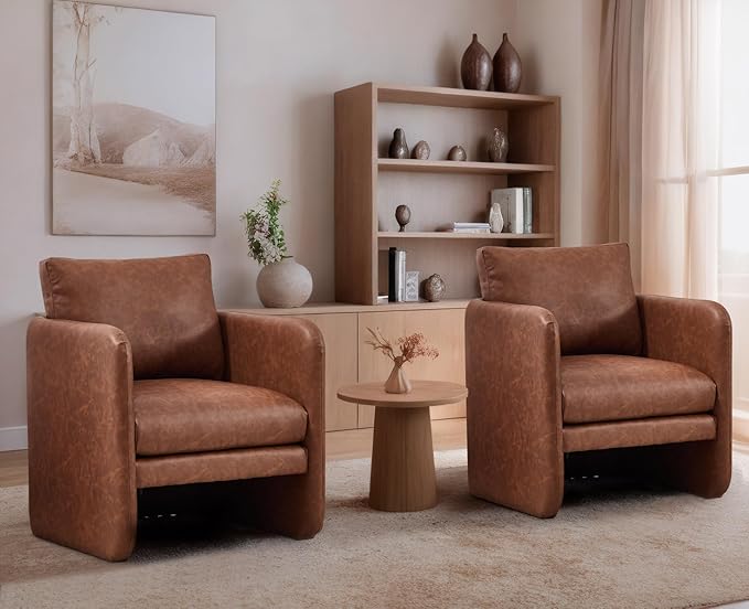 EALSON Comfy Accent Chairs Set of 2 Modern Leather Living Room Chairs with Arm Mid Century Reading Lounge Chairs for Adults Upholstered Armchairs for Living Room/Reading Room/Bedroom/Office, Brown