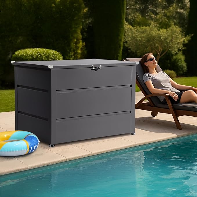 Quictent 150 Gallon Metal Outdoor Deck Box with Hydraulic Lid, Easy Assemble Waterproof Weather-Resistant Storage Bin, 660LBS Capacity for Patio/Garden/Poolside, Grey
