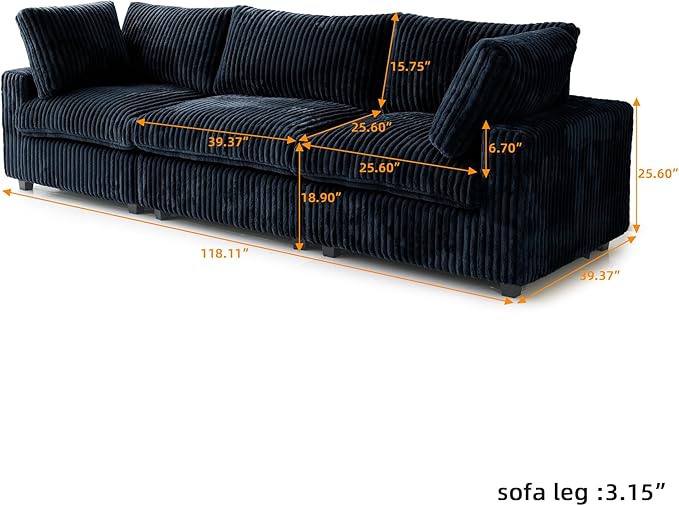 JACH 118" Sectional Couches, Convertable Modular Sofa for Living Room, Modern Deep Seat Couch, Sofa Covers Washable, Minimalist Plush Sofas for Living Room, Apartment, Black
