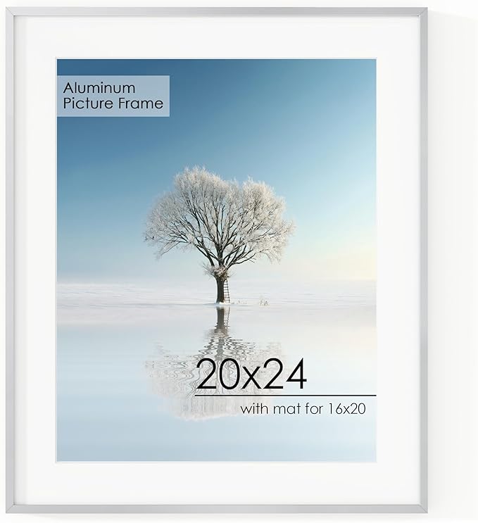 20x24 Metal Picture Frame for Wall With Mat for 16x20, 20''x24'' Aluminum Photo Frames With Tempered Glass for Home Decor, Minimalist Modern Poster Frame Horizontal And Vertical Formats, Silver
