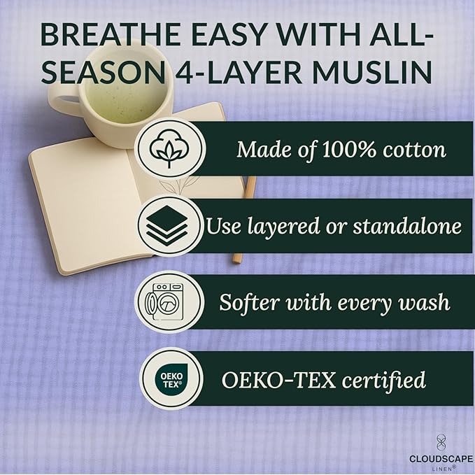 Extra Large 4 Layer Muslin Throw Blanket, 100% Cotton Blanket for Couch, Bed,Sofa, Home Decor,Pre-Washed Gauze, Best Summer Blanket, 50x70, Lavender Blue