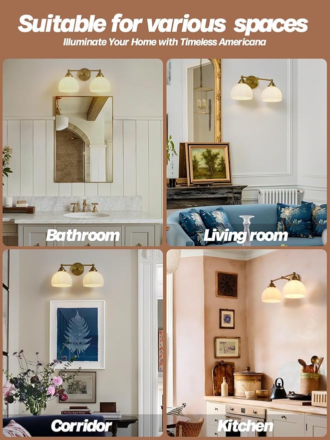 2-Lights Milk White Glass Wall Sconce Lighting Brass Finished, Double Arm Bathroom Vanity Light Fixture for Bedroom Living Room Dining Room Hallway