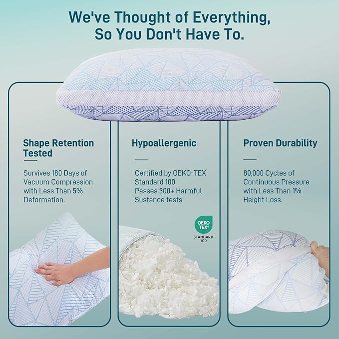 Shredded Memory Foam Cooling Soft Bamboo Viscose Pillows King Set of 2, Adjustable Hypoallergenic Hotel Quality Bed Pillows for Side, Stomach or Back SleeperSleeper, Oeko-TEX Certified