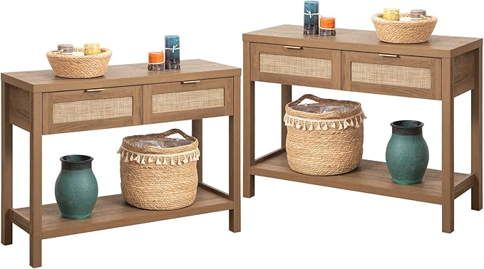SICOTAS Console Table Set of 2 - Boho Entryway Table with Rattan Drawers, Rattan Console Table with 2 Tier Shelf, Narrow Long Sofa Tables for Living Room, Entry Table for Hallway, Foyer
