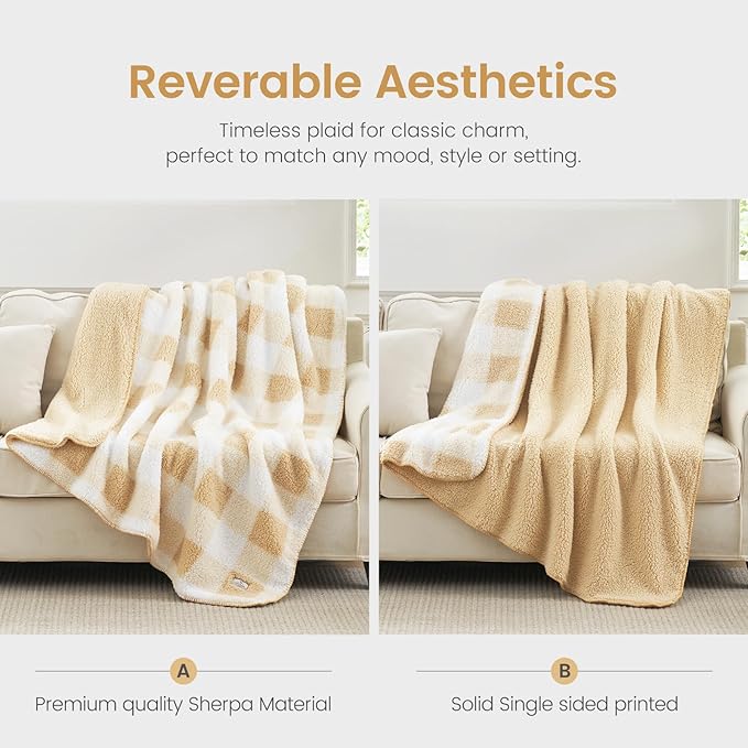 Cozy Bliss Ultra Soft Reversible Double Sherpa Sided Blanket, Buffalo Plaid Throw Blanket Fluffy Thick Warm Plush Fuzzy Blanket for Couch, Bed and Gifts (Beige, 50" x 60")