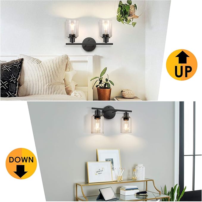 FOLKSMATE Bathroom Light Fixtures, 2 Light Matte Black Vanity Light, Vintage Wall Sconces Lighting, Modern Bath Wall Mounted Lights with Glass Shade