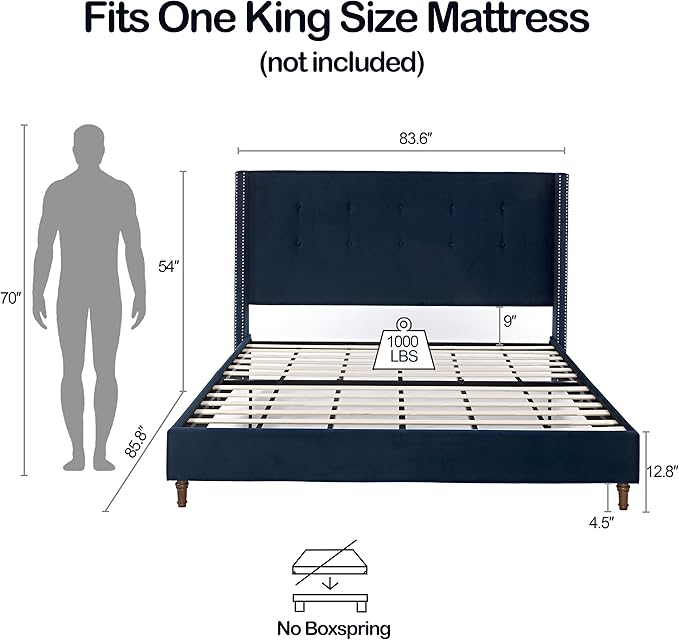 GDFStudio Tall Headboard Upholstered Bed,King Size Platform Bed Frame with Headboard Nailhead Trim Wingback,54" High No Box Spring Needed Easy Assembly Traditional Hand Buttoned Tufting Blue Velvet