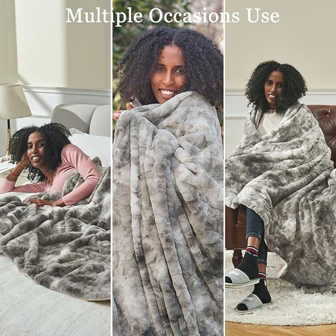 Krifey Faux Fur Throw Blanket, Super Soft Cozy Blanket, Luxury Fluffy Blanket Warm Bed Throw, Plush Christmas Birthday Gifts for Women, Room Home Dorm Decor, Marbled Gray 50" x 60"