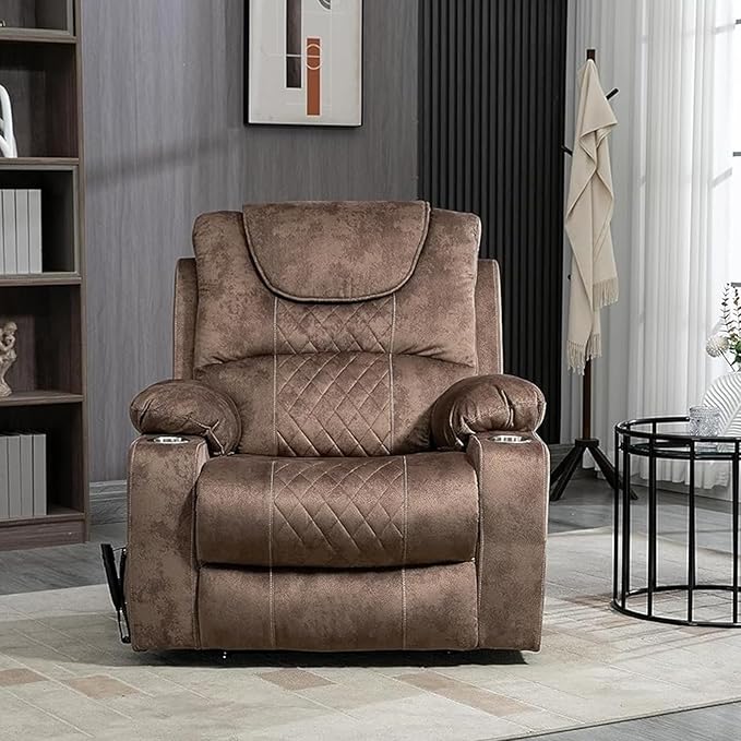 Recliner Lift Chairs for Elderly, 180 Degrees Lay Flat Recliner Chair with Heat and Massage and Cup Holder for Adults 400 lb Capacity (Brown Velvet)