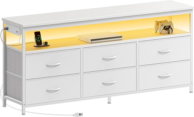 Huuger LED TV Stand for Bedroom, 55 Inch Fabric Dresser with Power Outlets, Entertainment Center for 60, 55, 50 Inch TV, 6 Drawer Dresser for Bedroom, Chest of Drawers with Shlef, PU Leather, White