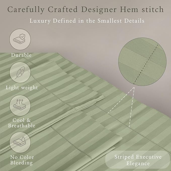 Threadmill 500 Thread Count King Size Damask Stripe, 4 Pc Luxury Cotton Bed Sheet Set, Silky Soft Sage Green Sheets with 16" Elasticized Deep Pocket, 2 Pillowcases & Free Tote Bag