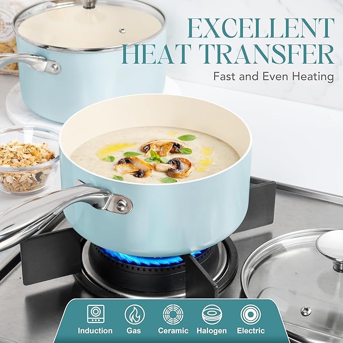 MICHELANGELO 3 Quart Saucepan with Lid - Non Toxic Sauce Pan with Nonstick Ceramic Coating, Scratch-Resistant, Induction Saucepan Suitable for All Stovetops, Light Blue