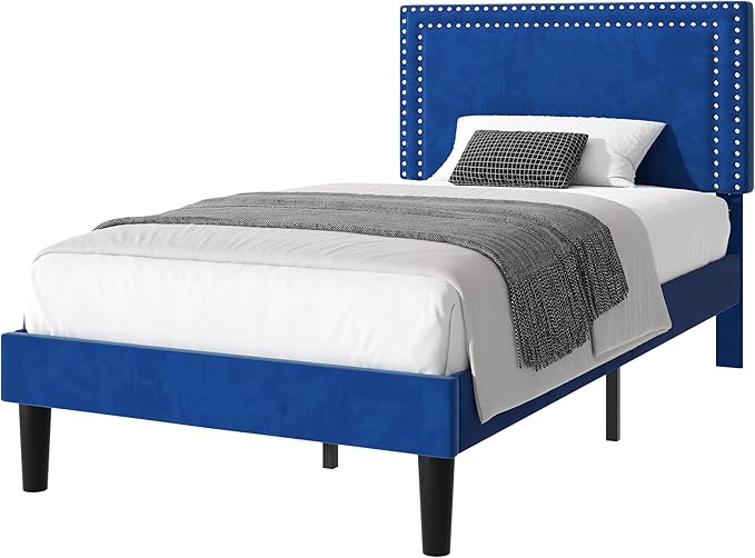 VECELO Twin Size Platform Bed Frame with Adjustable Upholstered Headboard, Strong Wood Slat Support, No Box Spring Needed, Easy Assembly