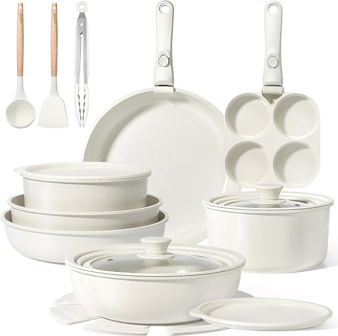 GiPP Ceramic Pots and Pans Set Non Stick, Nonstick Detachable Handle Cookware Sets, Healthy Non Toxic PFAS PFOA & PTFE Free, Dishwasher ＆Oven Safe, Induction Kitchen Pot and Pan, 21 Piece Cream