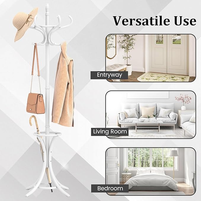Tangkula Coat Rack with Umbrella Holder, 73 Inch Freestanding Coat Hanger Stand with 12 Hooks, Wooden Entryway Coat Tree for Clothes, Bags, Hats, Scarves, Living Room, Bedroom, Hallway (White)