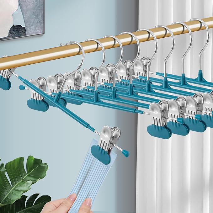Clothes Pants Hangers with Wide Clips 20 Pack,Non-Slip Adjustable Skirt Hanger for Women,Space-Saving Heavy Duty Men Hangers for Pants,Trousers,Jeans,Shorts 12Inch Blue