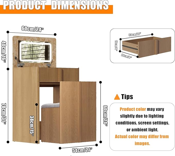 24" Vanity with Chair, Makeup Vanity Desk with Lights and Flip Top Mirror, Natural Oak