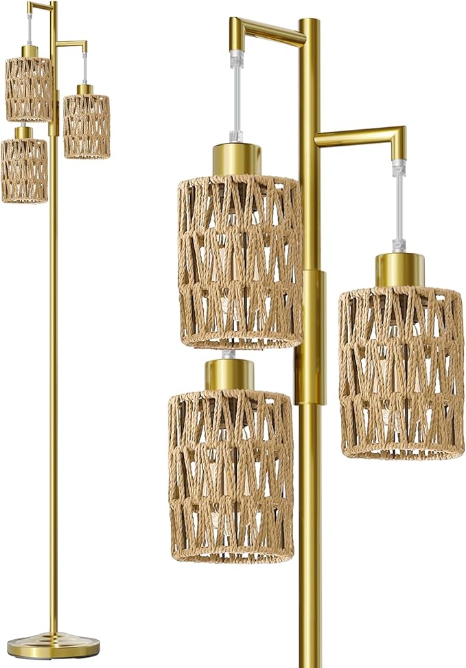 Oneach 70" Floor Lamps for Living Room, Stepless Dimmable Boho Floor Lamp with 3 Bulbs, Tall Farmhouse Industrial Corner Standing Tree Lamp for Bedroom, Office, Study Room, Dining Room, Gold