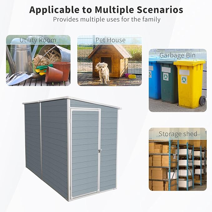 4x8 FT Outdoor Storage Resin Shed with Floor, Waterproof Plastic Garden Tool Shed with Windows, Vents & Lockable Door and Sloped Roof, Easy to Assemble Bike Shed for Patio, Backyard, Lawn, Grey