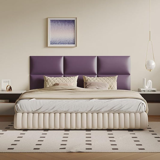 Extra Wide Light Purple Faux Leather Headboard Wall Mount Set - 12-Piece Peel & Stick Bed Backboard Panels (24x12 Inch), Queen/King Size Bed Frame Compatible