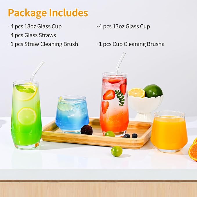 Drinking Glasses Set of 8,Clear 13 oz & 18oz Crystal Glass Cups,Drinkware Glassware,Highball Water Tumbler,Short Stemless Wine Glasses，for Beer,Cocktail,Whiskey,Juice and Various Mixed Drinks