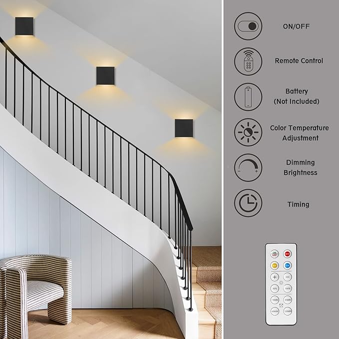 HEQIQEH Modern Style Battery Operated Wall Sconces, LED Cube Indoor Up and Down Wall Lamp with Remote Control, Dimmable Cordless Wall Lighting Fixtures for Living Room,Bedside (Black - 3 Pack)