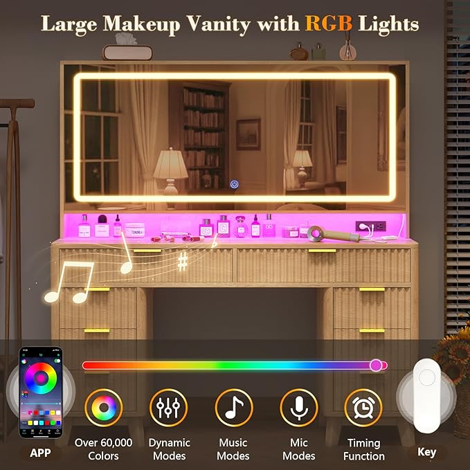 Fluted Vanity Desk with 46" Large Mirror and Lights, Big Vanity Table with Charging Station & RGB Lights, Makeup Vanity Mirror with Light Desk and 8 Drawers, Bedroom Vanity Dressing Table for Women