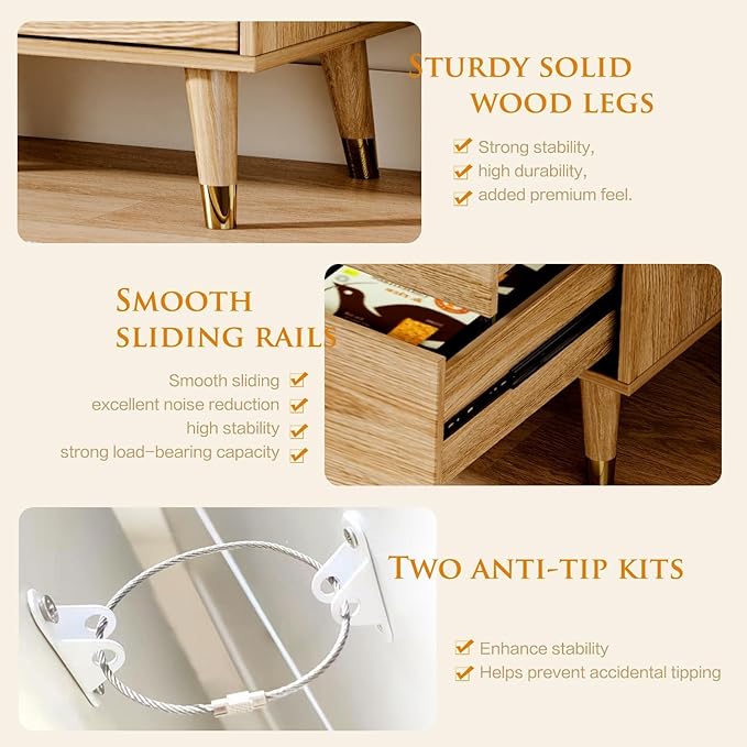 9 Drawer Dresser,63" Wide Mid Century Modern Chest of Drawers,Wooden Bedroom Drawer Dresser with 9 Storage Drawers for Bedroom, Living Room,with Anti-Tipping Device,Natural