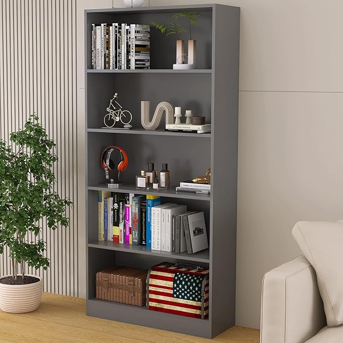 Wood Bookcase 5-Shelf Freestanding Display Shelf Organizer Wooden Bookshelf for Home Office School (Grey 11.8" D x 31.5" W x 67.9" H)
