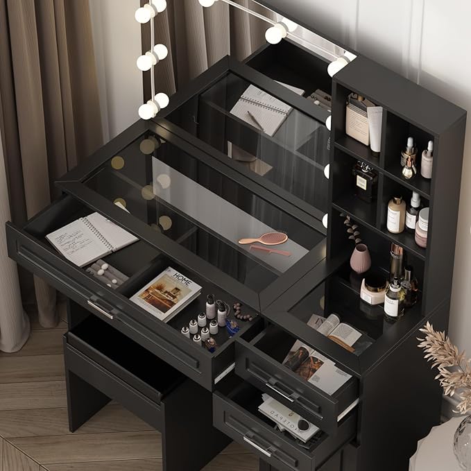 Vabches Vanity Desk with Lights and Mirror,Black Makeup Desk with 3 Drawers & Storage Cabinet & Shelves,Glass Top Vanity Table Set with 3 Lighting Modes Adjustable Brightness