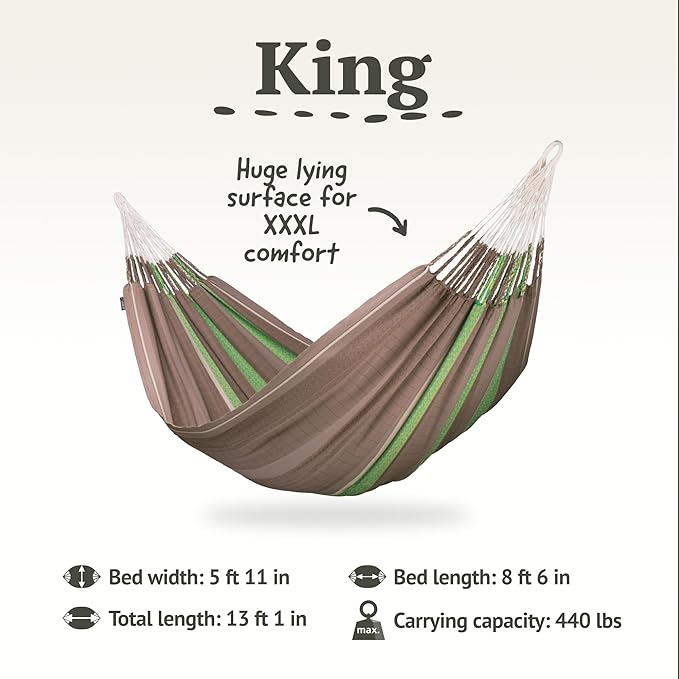 LA SIESTA Flora Classic Cotton Hammock with TreeMount & Straps - Extra Large Patio & Indoor / Outdoor Hammock Bed, 2 Person King Size, Chocolate