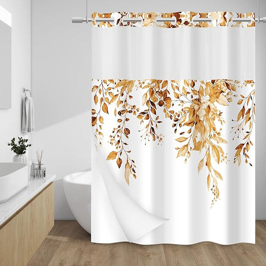No Hook Shower Curtain with Snap in Liner - Eucalyptus Shower Curtain - Washable Waterproof Inner Liner, Plants Orange Leaves Modern Shower Curtains - Machine Washable, 71 x 74