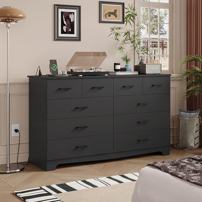 Hasuit 10 Drawer Dresser for Bedroom, Large Chest of Drawers with Charging Station, 55.1'' Wide Storage Clothes Closet Organizer, Long Dresser TV Stand for Living Room, Black